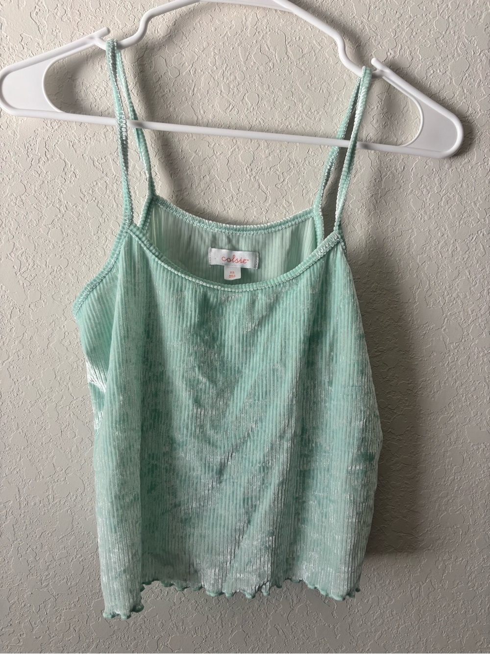 Colsie Crushed Velvet Cami XS Mint Green Ribbed Crop Top Lettuce Hem Y2K